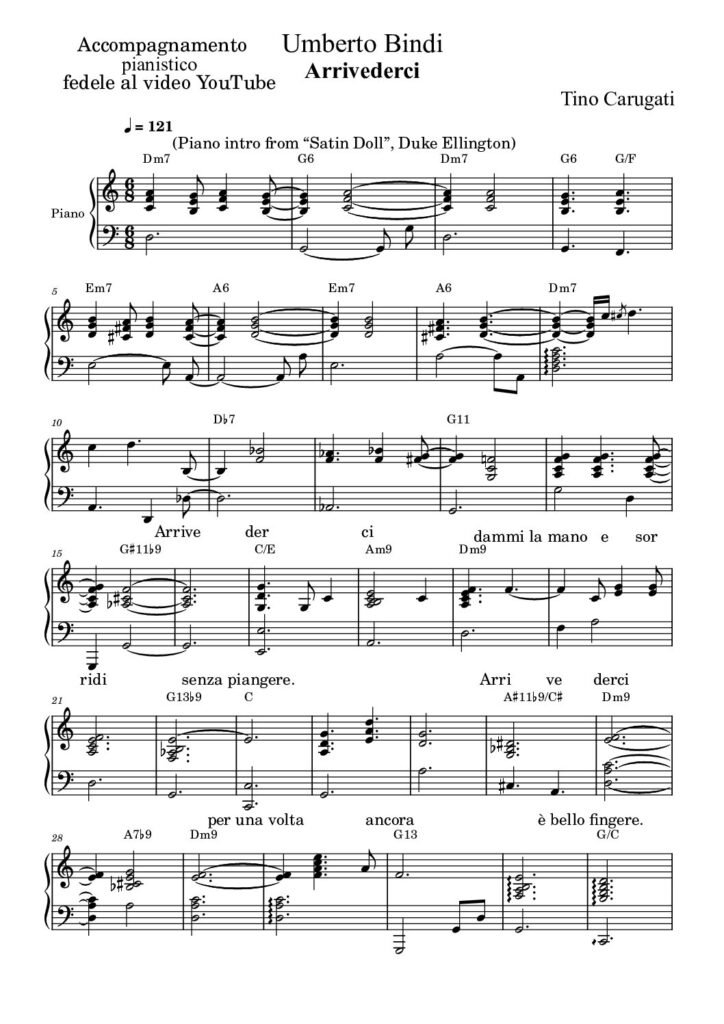 Spartito Pianoforte "ARRIVEDERCI" Umberto Bindi - Accompagnamento pianistico fedele al video YouTube con testo sul pentagramma