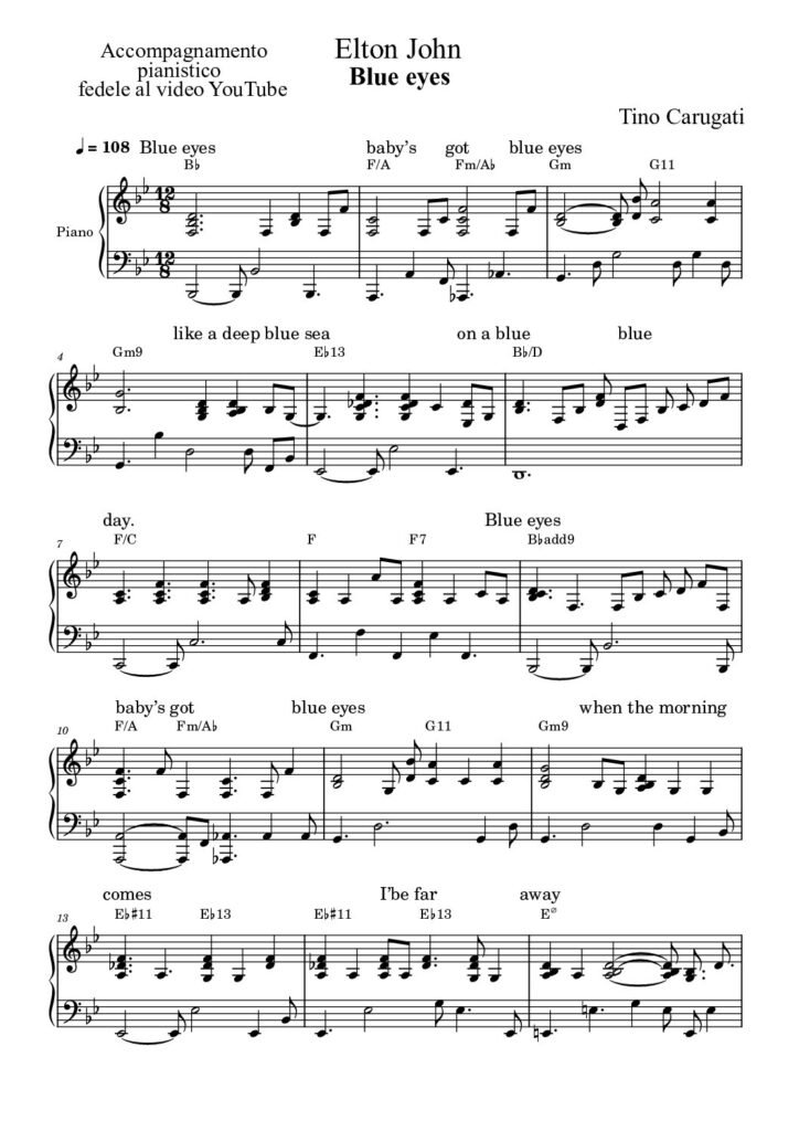 Spartito Pianoforte "BLUE EYES" Elton John - Accompagnamento pianistico fedele al video YouTube con testo sul pentagramma