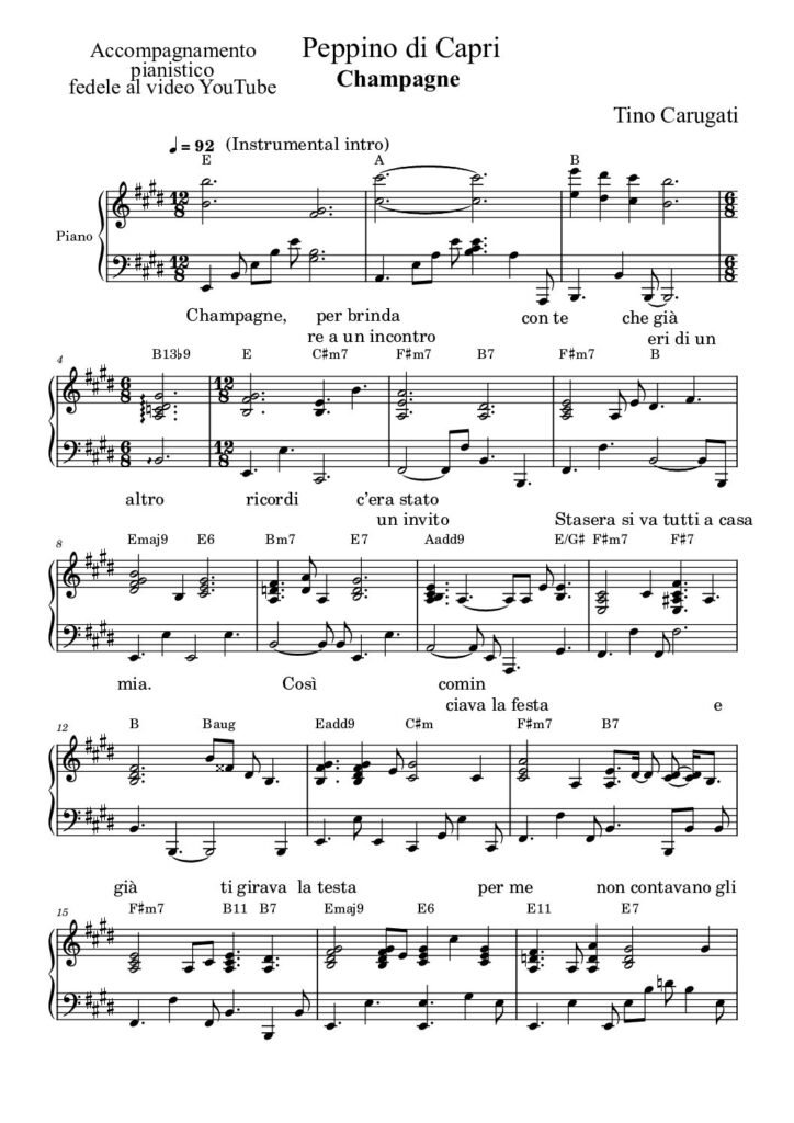Spartito Pianoforte "CHAMPAGNE" Peppino di Capri - Accompagnamento pianistico fedele al video YouTube con testo sul pentagramma