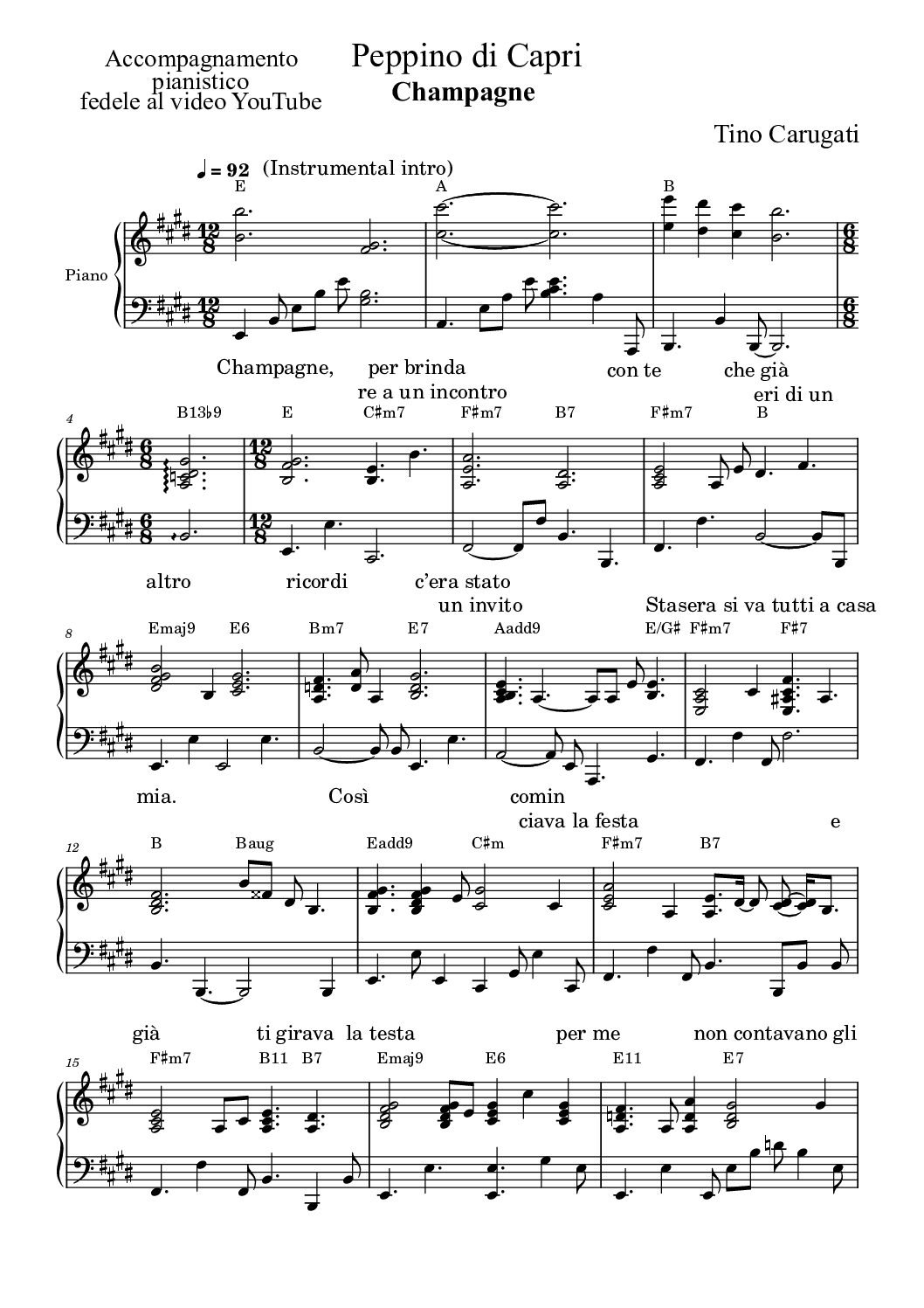 Spartito Pianoforte "CHAMPAGNE" Peppino di Capri - Accompagnamento pianistico fedele al video YouTube con testo sul pentagramma
