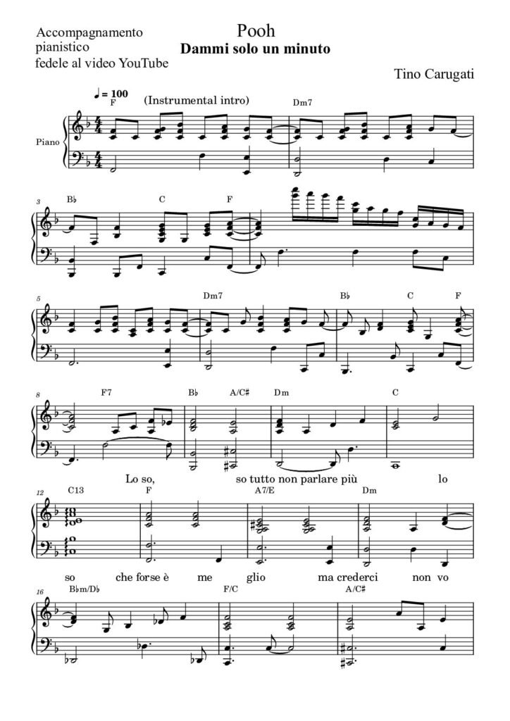 Spartito Pianoforte "DAMMI SOLO UN MINUTO" Pooh - Accompagnamento pianistico fedele al Video YT con testo sul pentagramma