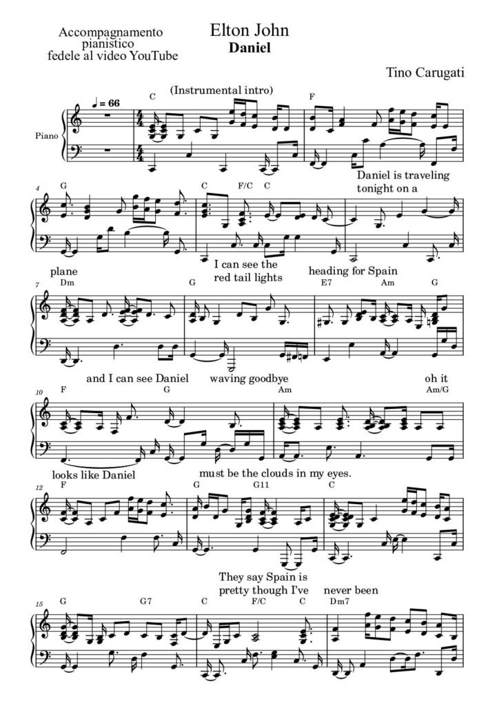Spartito Pianoforte "DANIEL" Elton John - Accompagnamento pianistico fedele al video YouTube con testo sul pentagramma