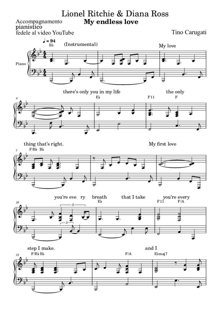 Spartito Pianoforte "ENDLESS LOVE" Lionel Richie & Diana Ross - Accompagnamento pianistico fedele al Video YT con testo sul pentagramma