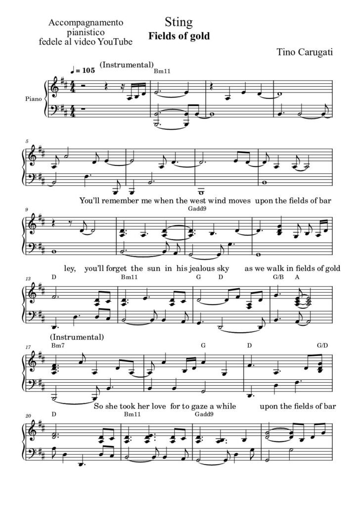 Spartito Pianoforte "FIELDS OF GOLD" Sting - Accompagnamento pianistico fedele al video YouTube con testo sul pentagramma
