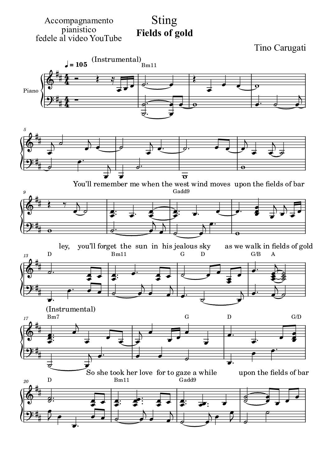 Spartito Pianoforte "FIELDS OF GOLD" Sting - Accompagnamento pianistico fedele al video YouTube con testo sul pentagramma