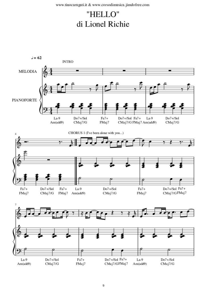 Spartito Pianoforte "HELLO" Lionel Ritchie - Accompagnamento + melodia