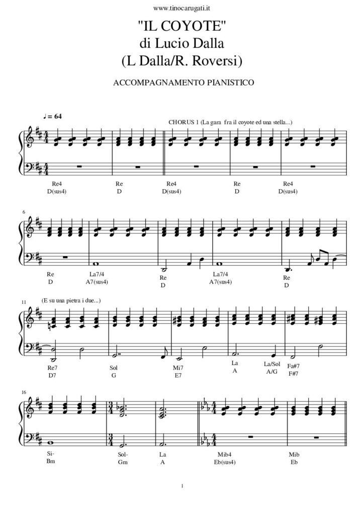 Spartito Pianoforte "IL COYOTE" Lucio Dalla - Accompagnamento pianistico