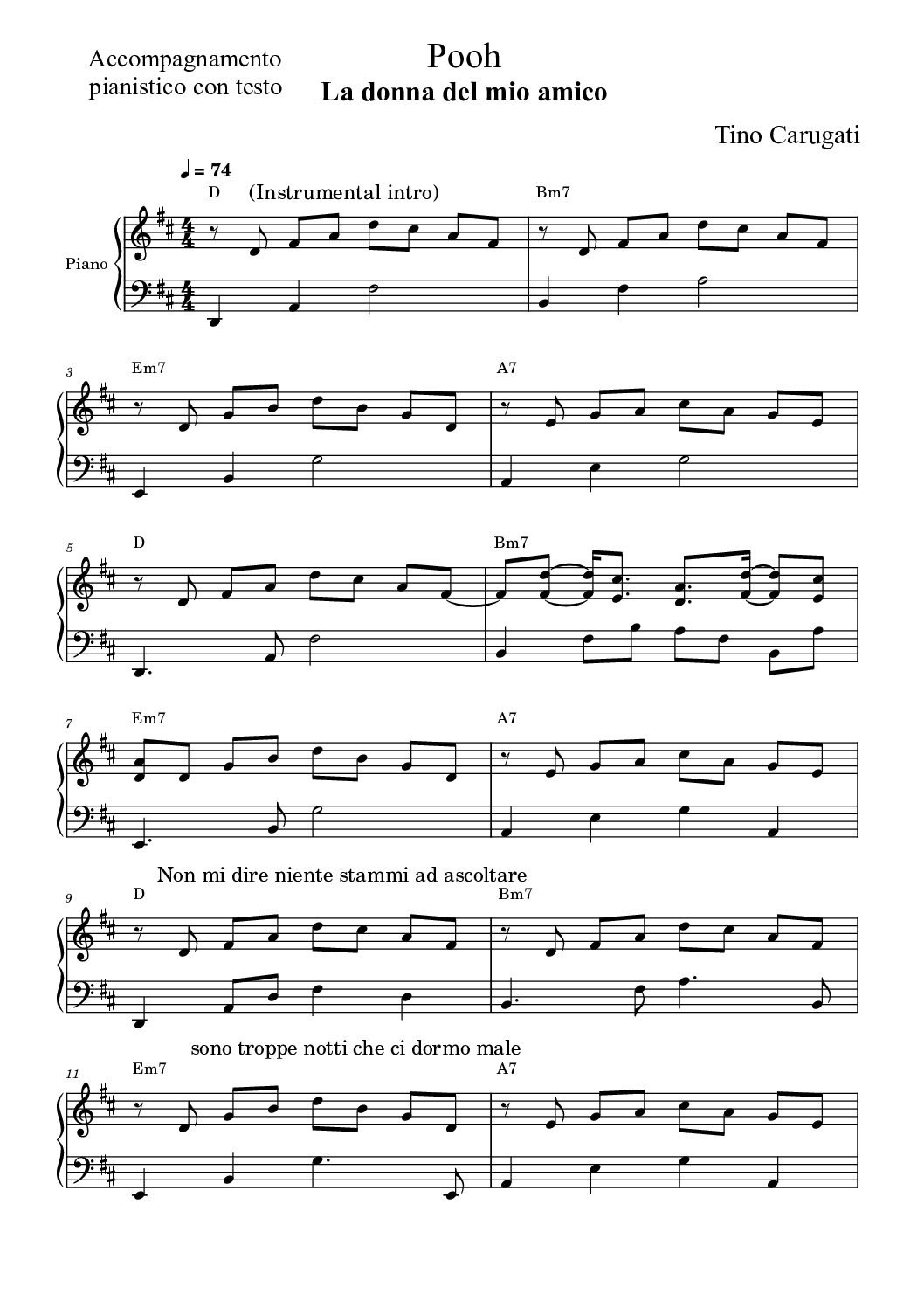 Spartito Pianoforte  "LA DONNA DEL MIO AMICO"  Pooh - Accompagnamento pianistico con testo