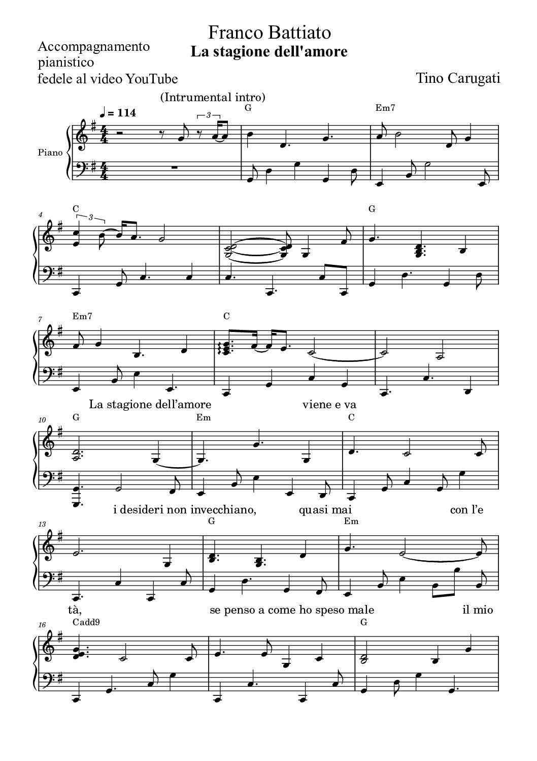 Spartito Pianoforte "LA STAGIONE DELL'AMORE" Franco Battiato - Accompagnamento pianistico fedele al video YouTube con testo sul pentagramma