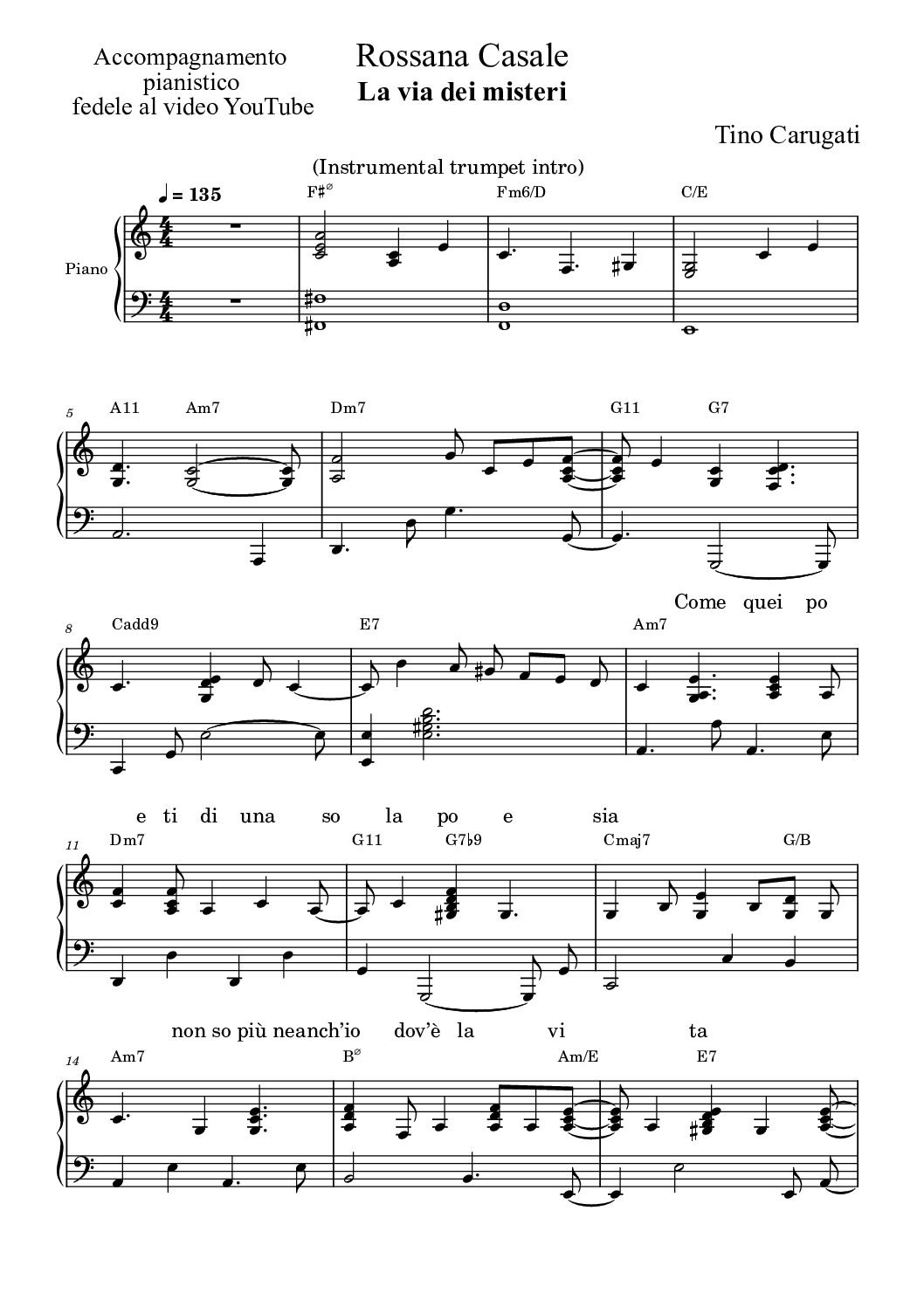 Spartito Pianoforte "LA VIA DEI MISTERI" Rossana Casale - Accompagnamento pianistico fedele al video YouTube con testo sul pentagramma