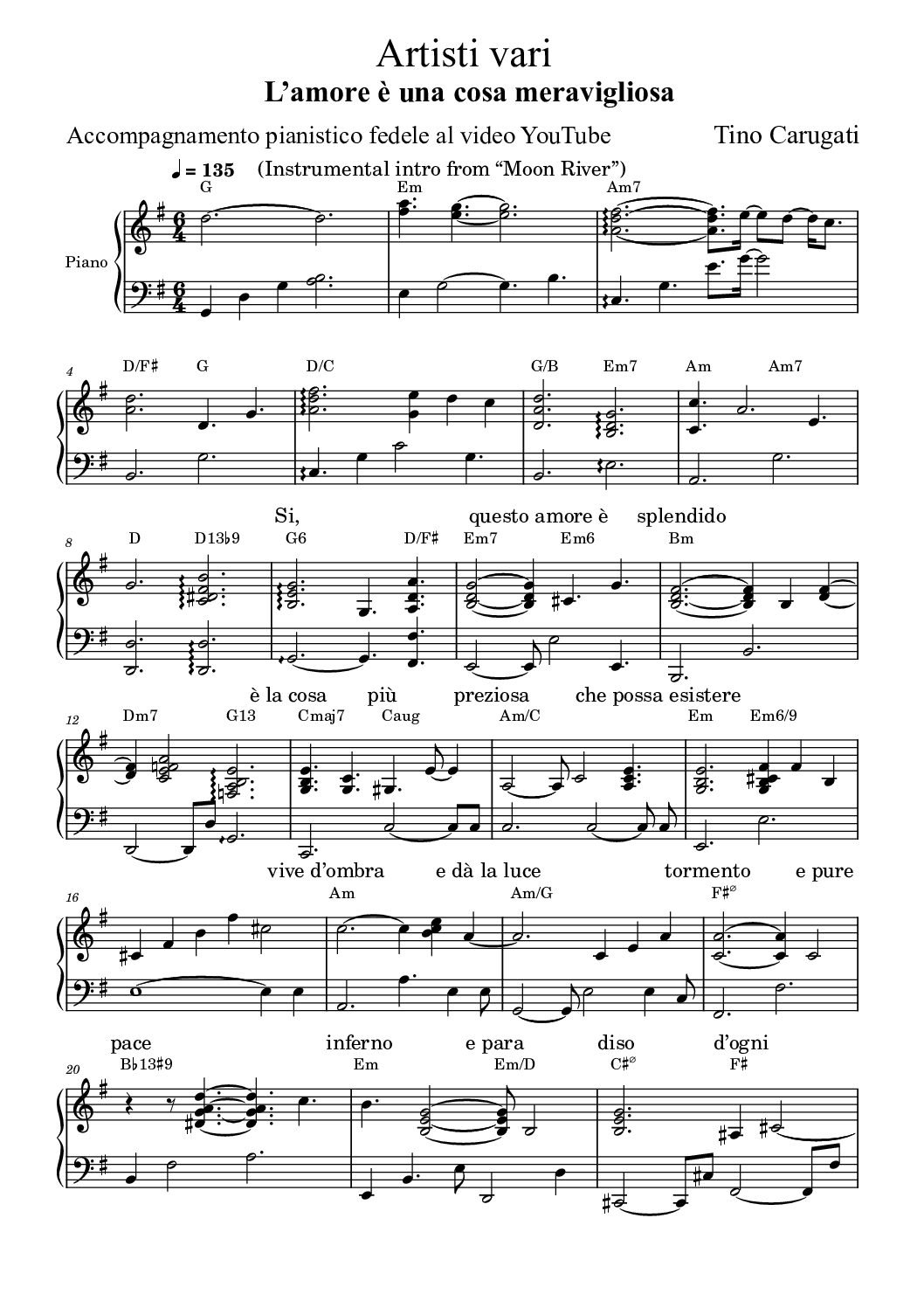 Spartito Pianoforte "L'AMORE E' UNA COSA MERAVIGLIOSA (LOVE IS A MANY SPLENDORED THING)" Artisti vari - Accompagnamento pianistico fedele al video YouTube con testo sul pentagramma