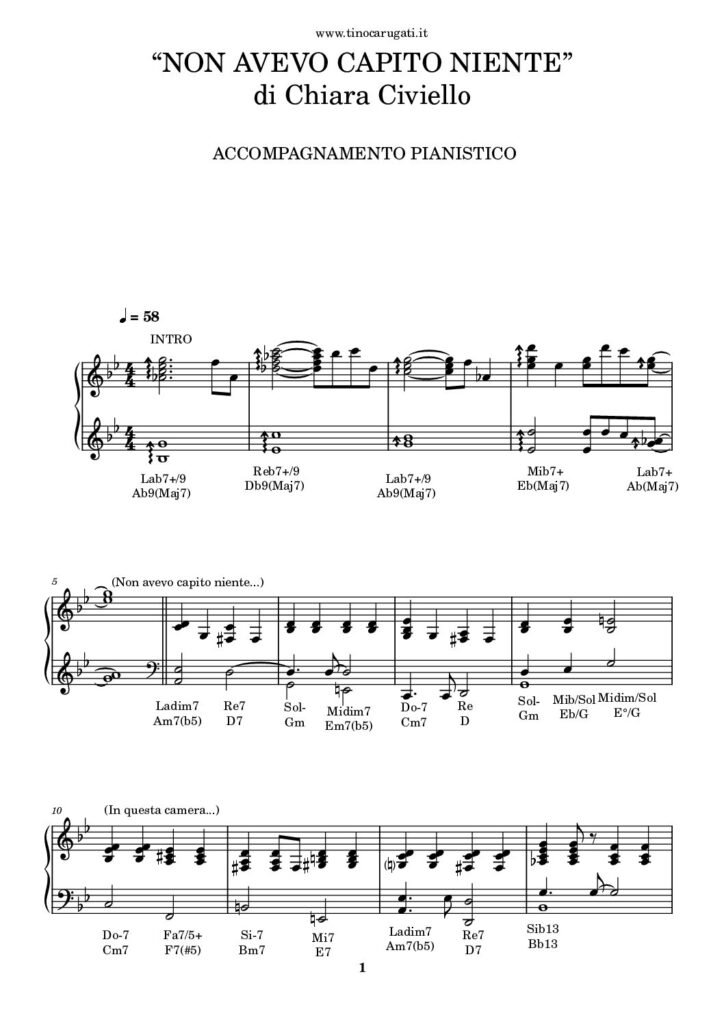 Spartito Pianoforte  " NON AVEVO CAPITO NIENTE"  Chiara Civello - Accompagnamento pianistico