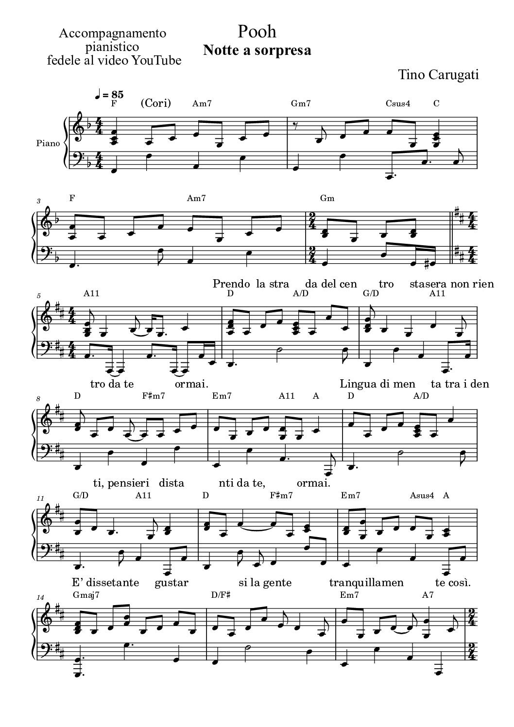 Spartito Pianoforte  "NOTTE A SORPRESA"  Pooh - Accompagnamento pianistico fedele al Video YT con testo sul pentagramma