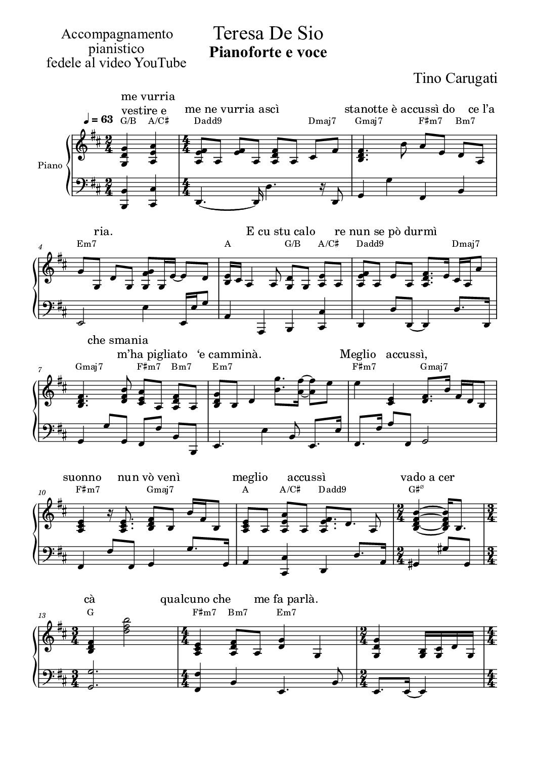 Spartito Pianoforte "PIANOFORTE E VOCE" Teresa De Sio - Accompagnamento pianistico fedele al video YouTube con testo sul pentagramma