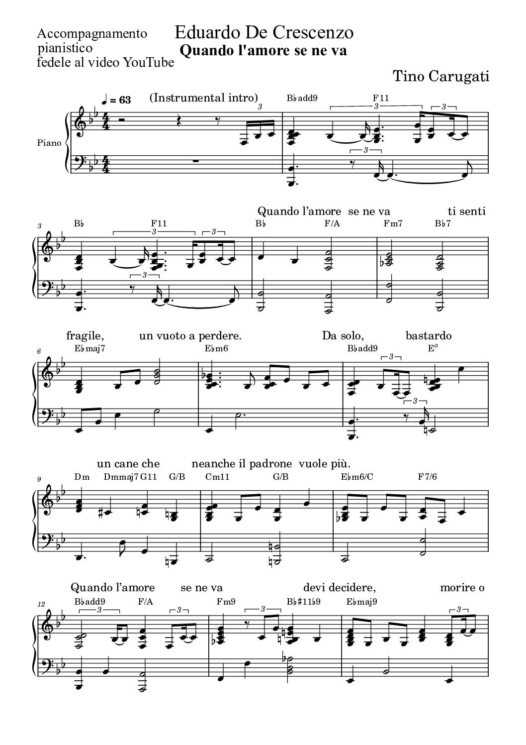 Spartito Pianoforte  "QUANDO L'AMORE SE NE VA"  Eduardo De Crescenzo - Accompagnamento pianistico fedele al video YouTube con testo sul pentagramma