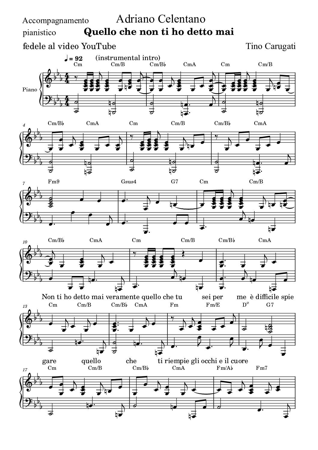 Spartito Pianoforte "QUELLO CHE NON TI HO DETTO MAI" Adriano Celentano - Accompagnamento pianistico fedele al video YouTube e con testo sul pentagramma