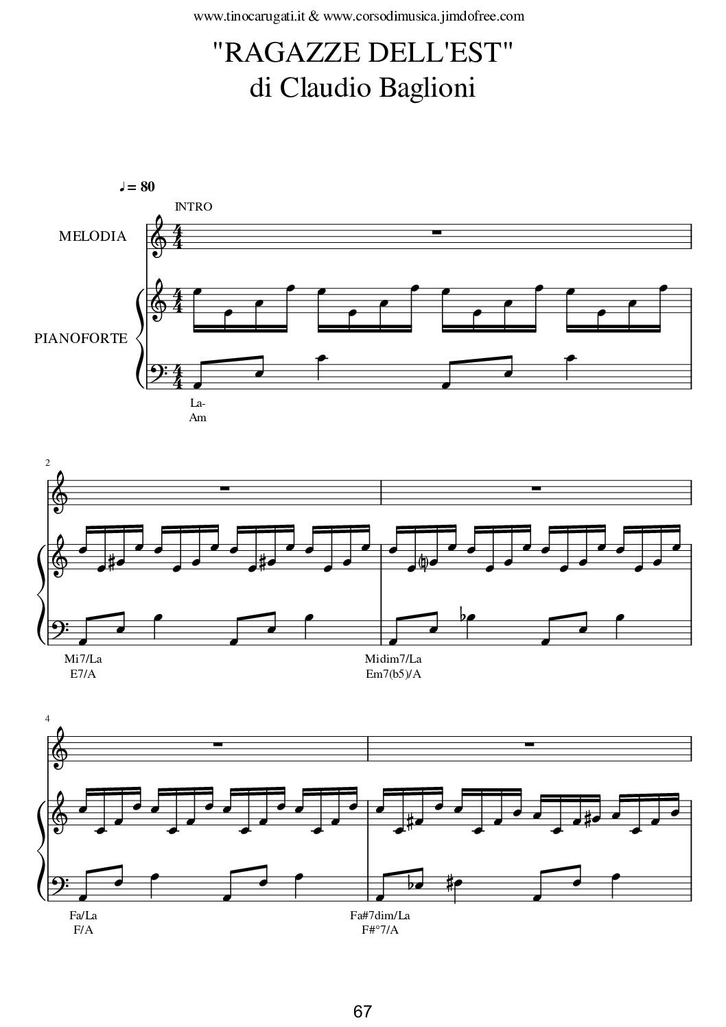 Spartito Pianoforte "RAGAZZE DELL'EST" Claudio Baglioni - Accompagnamento + melodia