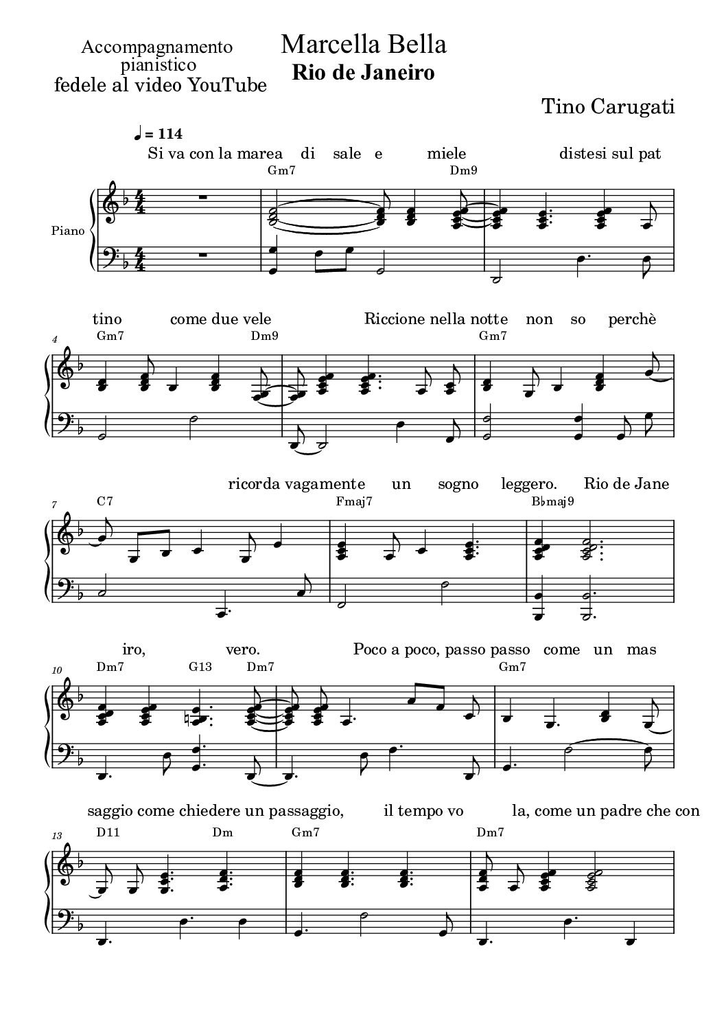 Spartito Pianoforte "RIO DE JANEIRO" Marcella Bella - Accompagnamento pianistico fedele al video YouTube con testo sul pentagramma