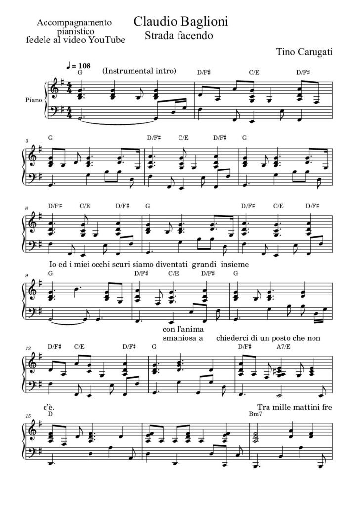 Spartito Pianoforte "STRADA FACENDO" Claudio Baglioni - Accompagnamento pianistico fedele al video YouTube con testo sul pentagramma