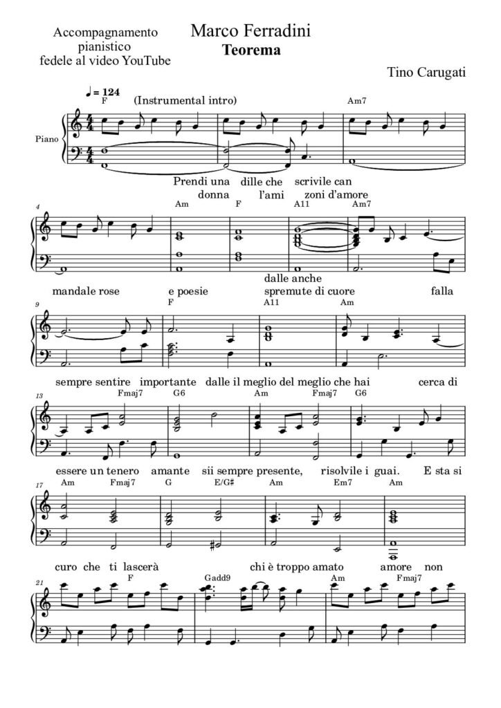 Spartito Pianoforte "TEOREMA" Marco Ferradini - Accompagnamento pianistico fedele al video YouTube con testo sul pentagramma