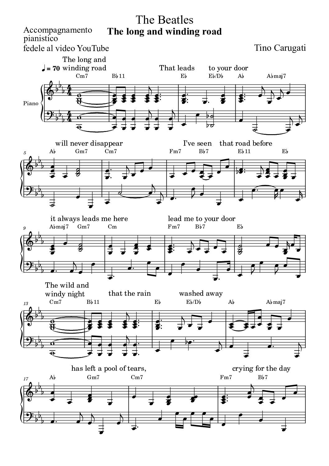 Spartito Pianoforte "THE LONG AND WINDING ROAD" The Beatles - Accompagnamento pianistico fedele al video YouTube con testo sul pentagramma