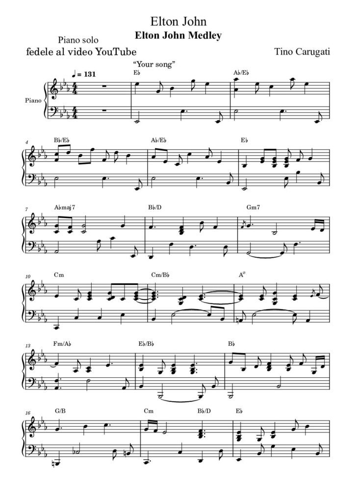 Spartito Pianoforte "ELTON JOHN MEDLEY" Elton John - 12 brani in pianismo melodico in 12 tonalità e fedele al video YouTube. 21 pagine