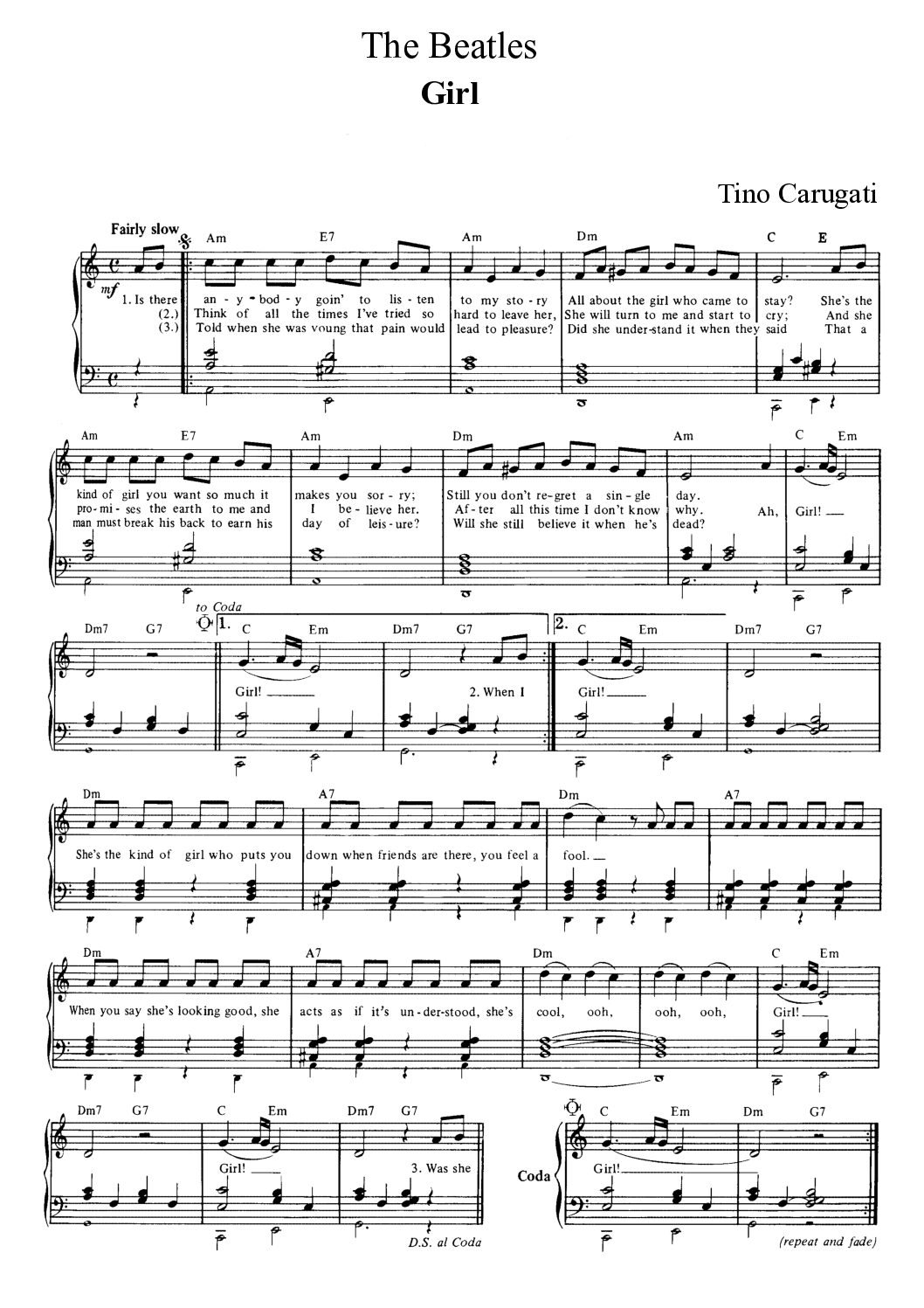 Spartito Pianoforte "GIRL" The Beatles - Melodia e accompagnamento con accordi