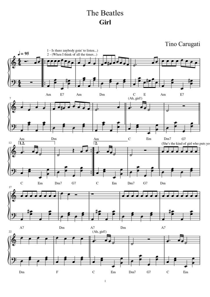 Spartito Pianoforte "GIRL" The Beatles - Melodia e accompagnamento con accordi