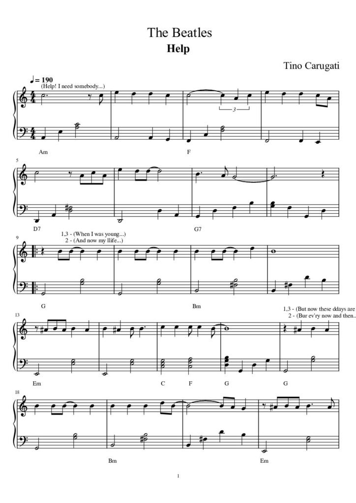Spartito Pianoforte "HELP" The Beatles - Melodia e accompagnamento con accordi