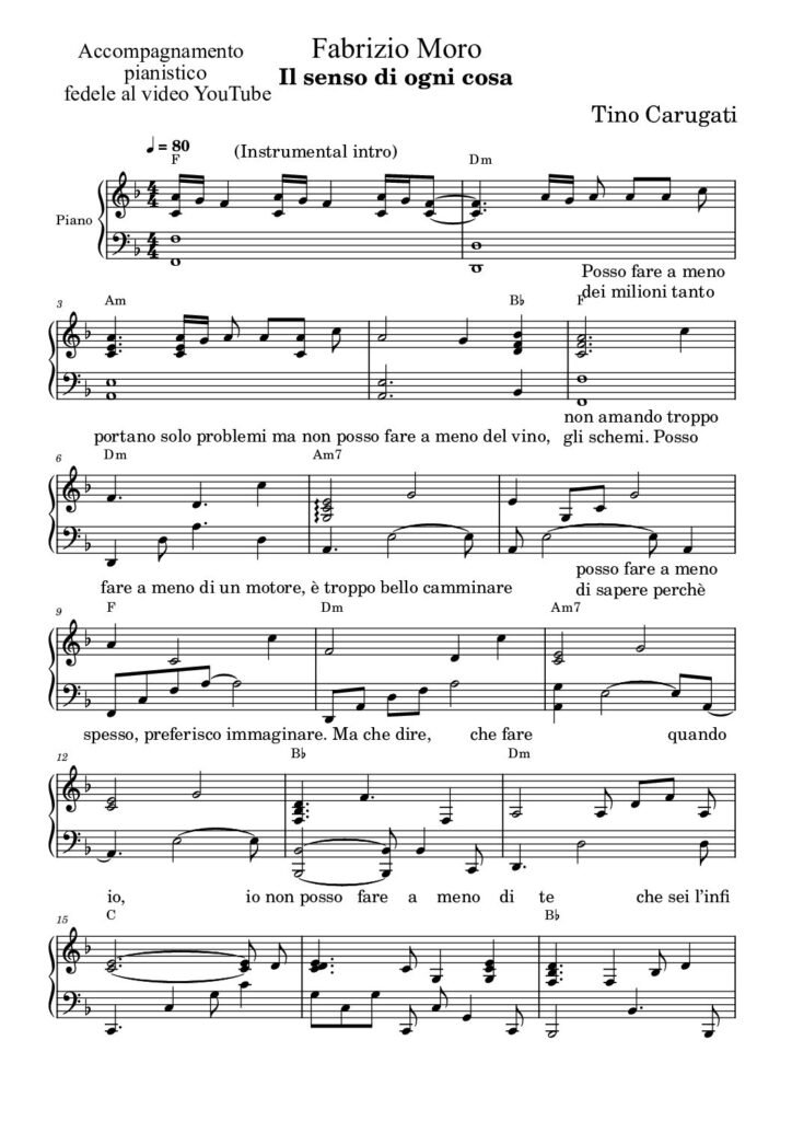 Spartito Pianoforte "IL SENSO DI OGNI COSA" Fabrizio Moro - Accompagnamento pianistico fedele al video YouTube con testo sul pentagramma