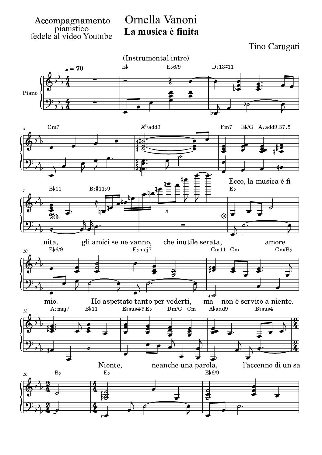 Spartito Pianoforte "LA MUSICA E' FINITA" Ornella Vanoni - Accompagnamento pianistico fedele al video YT con testo sul pentagramma