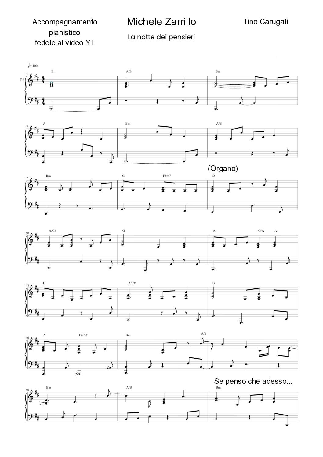 Spartito Pianoforte "LA NOTTE DEI PENSIERI" Michele Zarrillo - Accompagnamento pianistico fedele al video YouTube