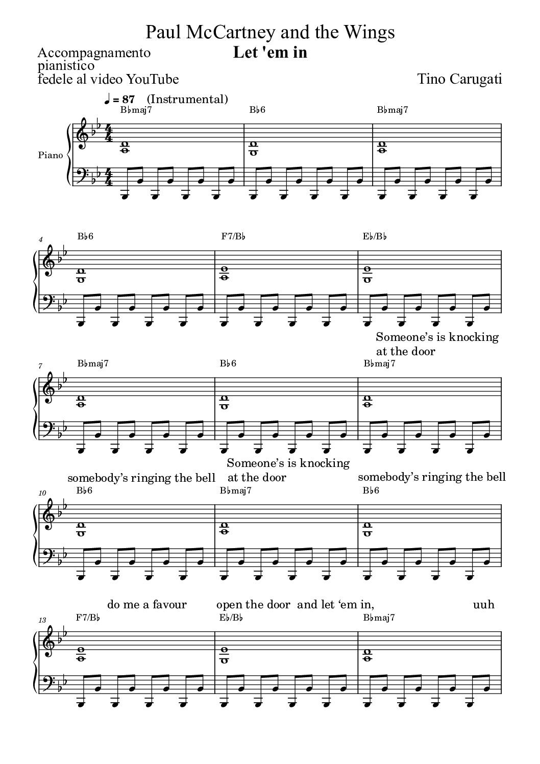 Spartito Pianoforte "LET 'EM IN" Paul McCartney and The Wings - Accompagnamento pianistico fedele al video YouTube con testo sul pentagramma