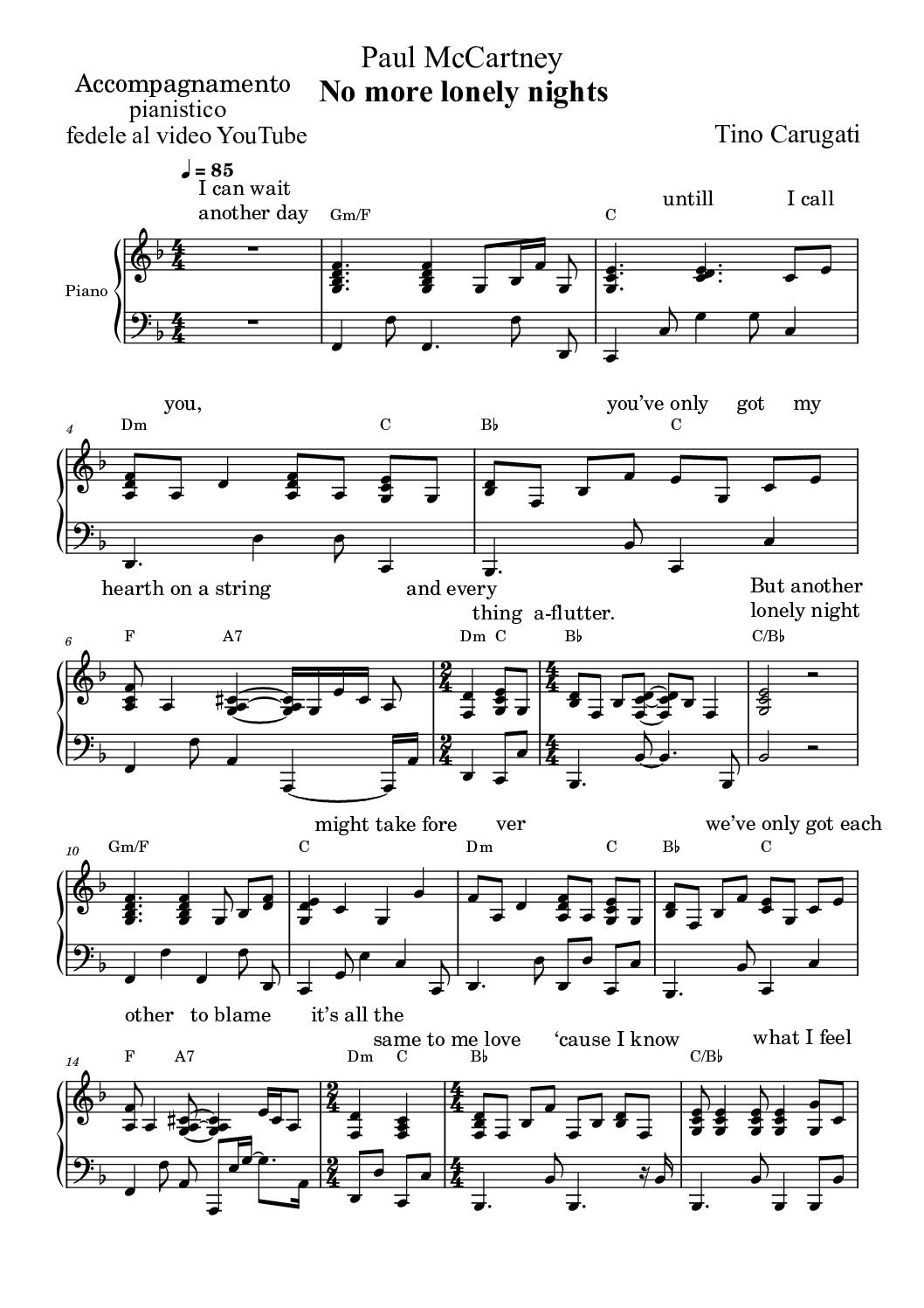 Spartito Pianoforte "NO MORE LONELY NIGHTS" Paul McCartney - Accompagnamento pianistico fedele al video YouTube con testo sul pentagramma