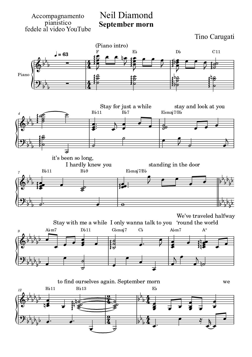Spartito Pianoforte "SEPTEMBER MORN" Neil Diamond - Accompagnamento pianistico fedele al video YouTube con testo sul pentagramma