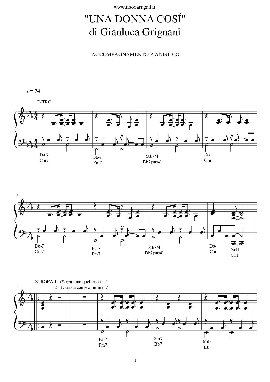 Spartito Pianoforte  "UNA DONNA COSI'"  Gianluca Grignani - Accompagnamento pianistico