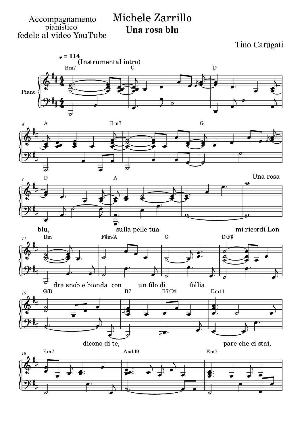 Spartito Pianoforte "UNA ROSA BLU" Michele Zarrillo - Accompagnamento pianistico fedele al video YouTube con testo sul pentagramma
