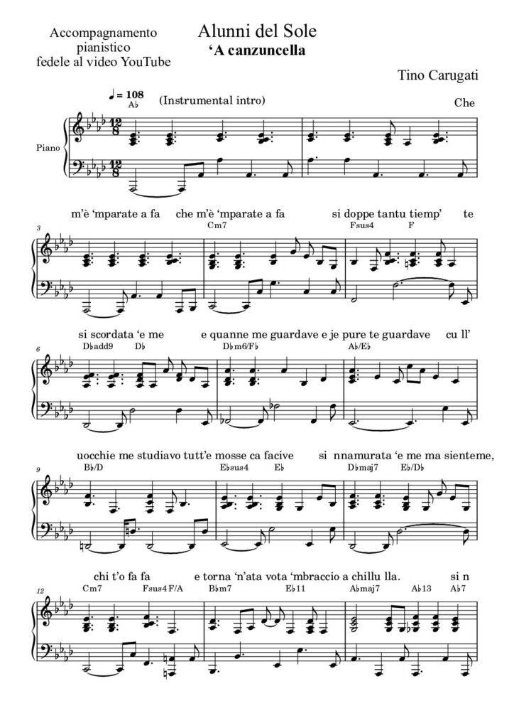 Spartito Pianoforte  " 'A CANZUNCELLA"  Alunni del Sole - Accompagnamento pianistico fedele al video YT