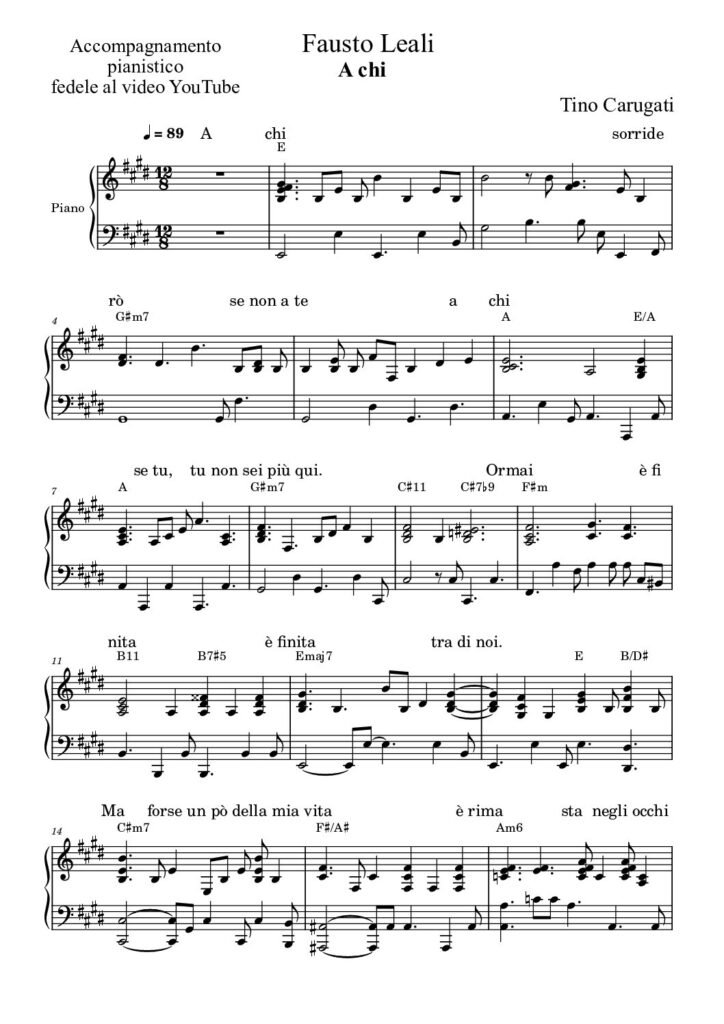 Spartito Pianoforte "A CHI" Fausto Leali - Accompagnamento pianistico fedele al video YouTube con testo sul pentagramma