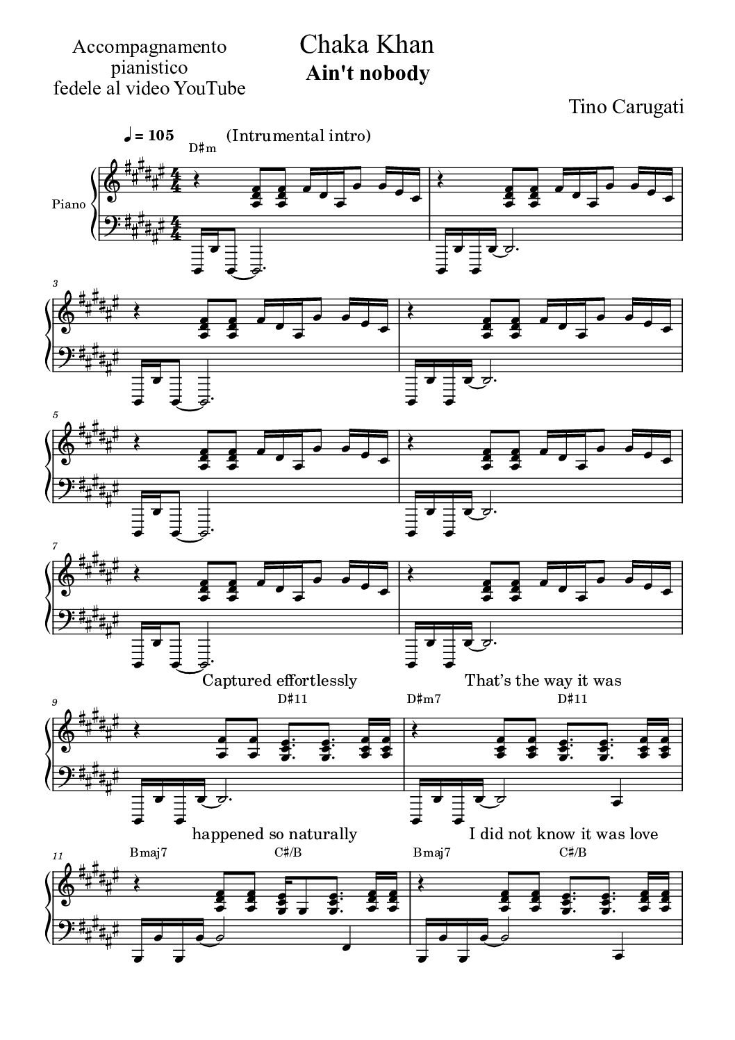 Spartito Pianoforte "AIN'T NOBODY" Chaka Khan - Accompagnamento pianistico fedele al video YouTube con testo sul pentagramma