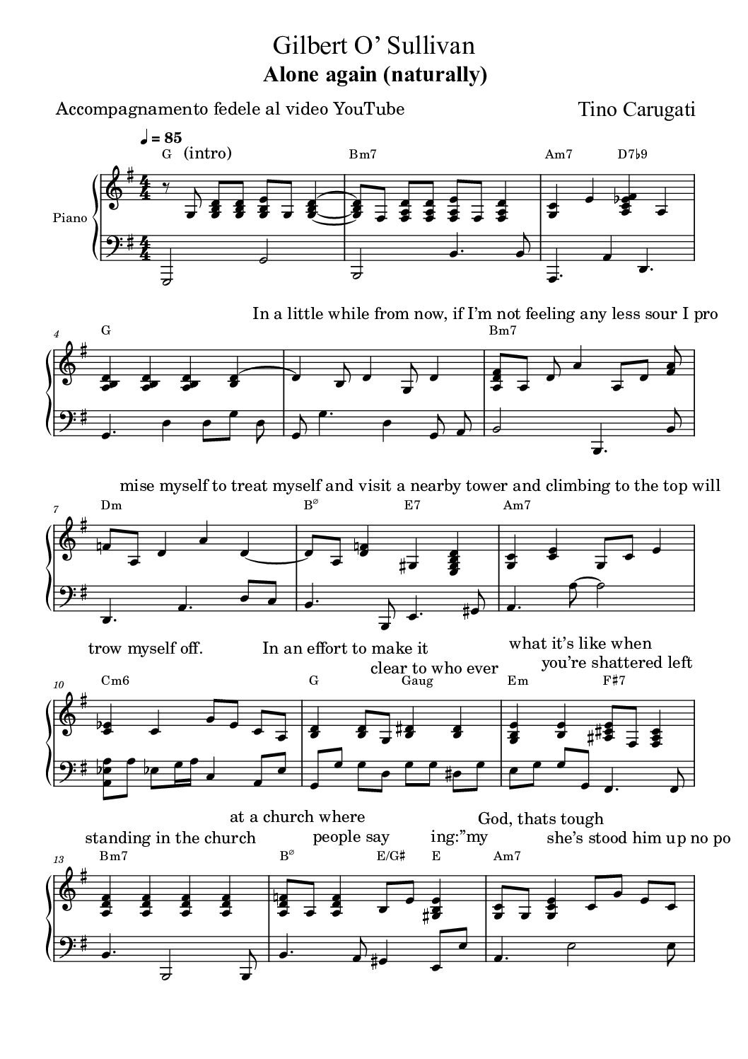 Spartito Pianoforte  "ALONE AGAIN (NATURALLY)"  Gilbert O'Sullivan - Accompagnamento pianistico fedele al video YouTube con testo sul pentagramma
