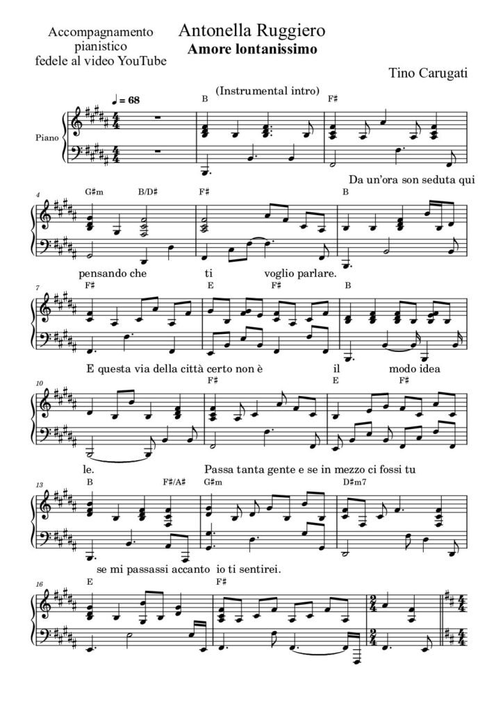Spartito Pianoforte "AMORE LONTANISSIMO" Antonella Ruggiero - Accompagnamento pianistico fedele al video YouTube con testo sul pentagramma