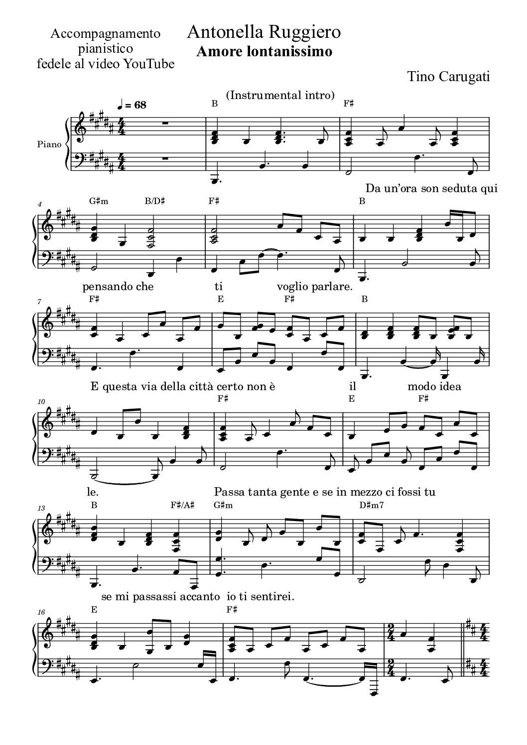 Spartito Pianoforte "AMORE LONTANISSIMO" Antonella Ruggiero - Accompagnamento pianistico fedele al video YouTube con testo sul pentagramma