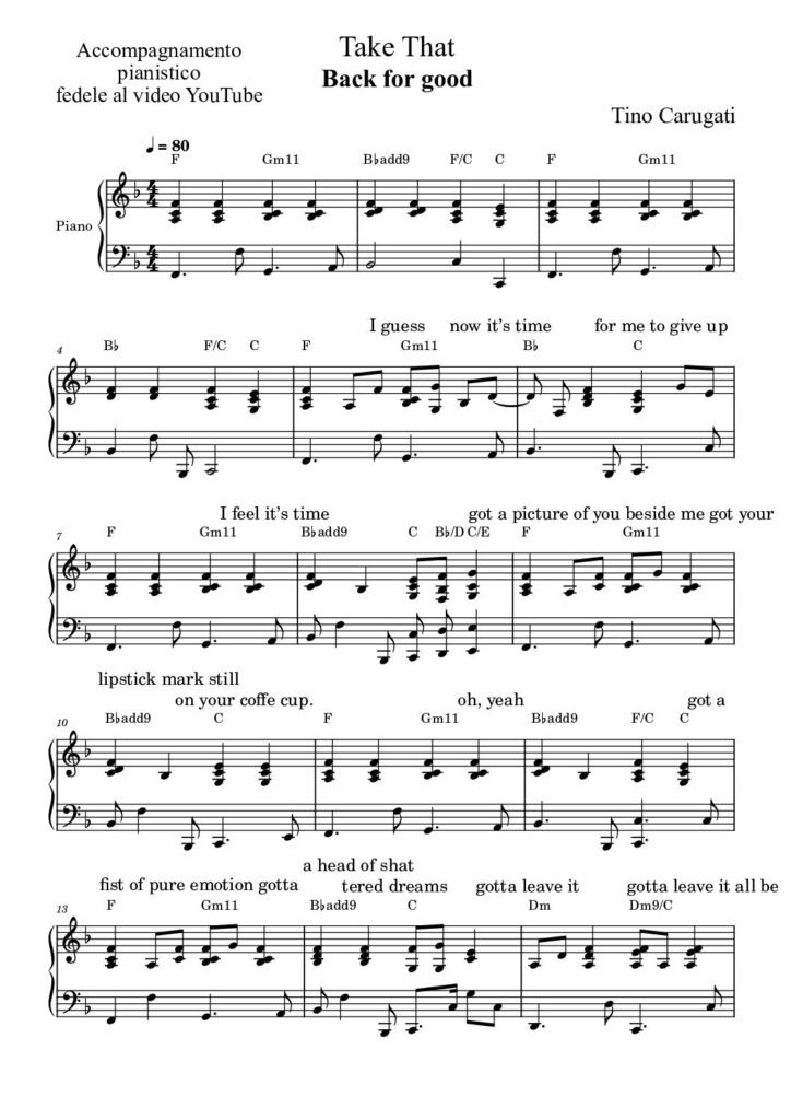 Spartito Pianoforte "BACK FOR GOOD" Take That - Accompagnamento pianistico fedele al video YouTube con testo sul pentagramma