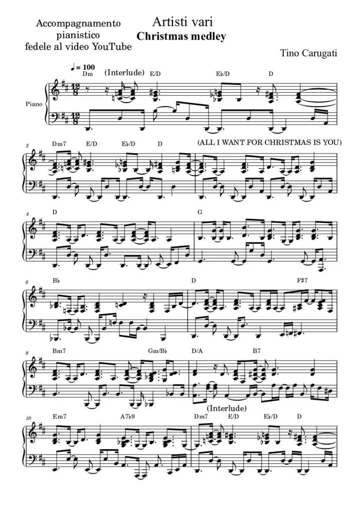 Spartito Pianoforte "CHRISTMAS MEDLEY" Artisti vari - Accompagnamento pianistico fedele al video YouTube