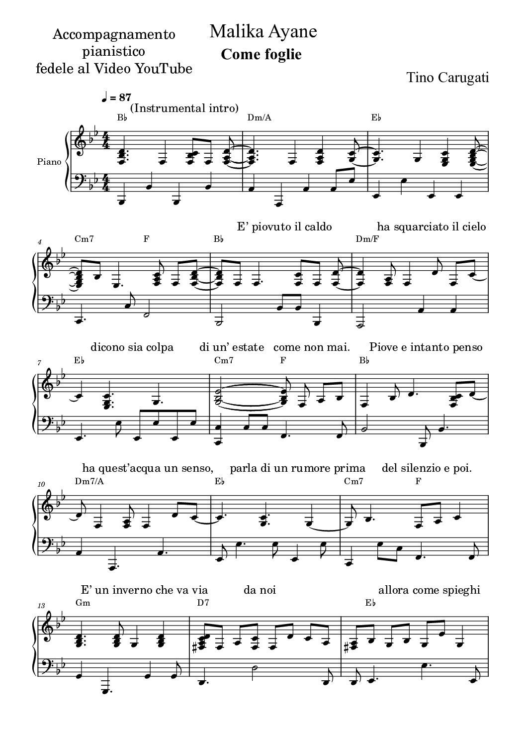 Spartito Pianoforte "COME FOGLIE"  Malika Ayane - Accompagnamento pianistico fedele al video YouTube con testo sul pentagramma