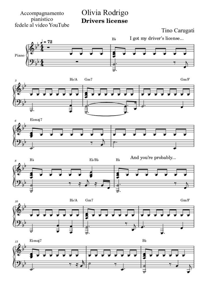 Spartito Pianoforte "DRIVERS LICENSE" Olivia Rodrigo - Accompagnamento pianistico fedele al video YT