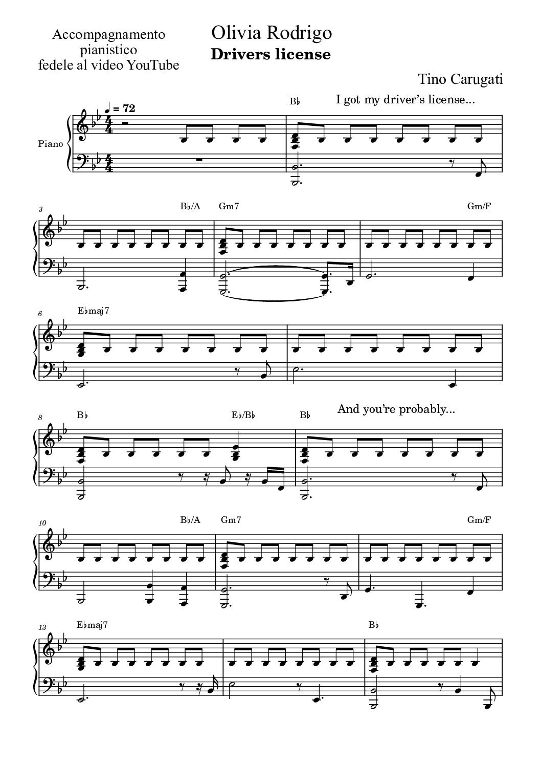 Spartito Pianoforte  "DRIVERS LICENSE"  Olivia Rodrigo - Accompagnamento pianistico fedele al video YT