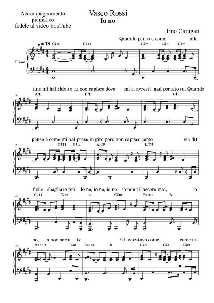 Spartito Pianoforte "IO NO" Vasco Rossi - Accompagnamento pianistico fedele al video YouTube con testo sul pentagramma