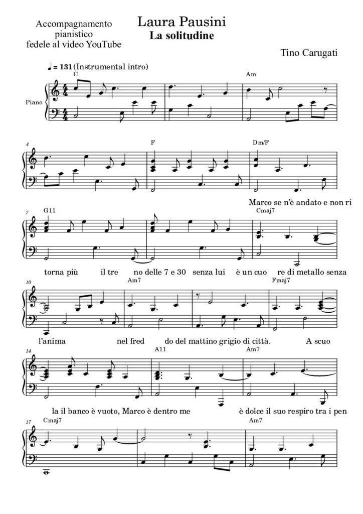 Spartito Pianoforte  " LA SOLITUDINE"  Laura Pausini - Accompagnamento pianistico fedele al video YouTube con testo sul pentagramma